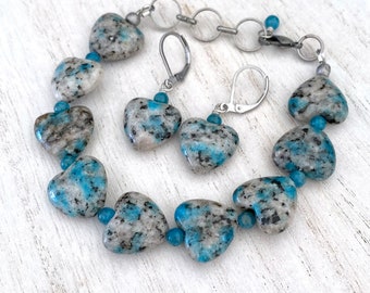 K2 Heart Bracelet & Earring Set, Adjustable 7"-8", Blue, Gray, Black, K2 Granite Jasper, Apatite, Jewelry Gift Set