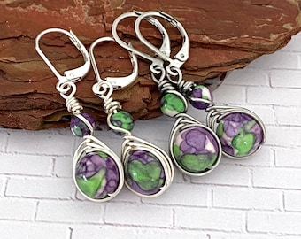 Purple & Green Stone Wire Wrapped Earrings, Dyed Jade, Bright and Brushed Silver, Boho, Lever Back, Spring/Summer Earrings