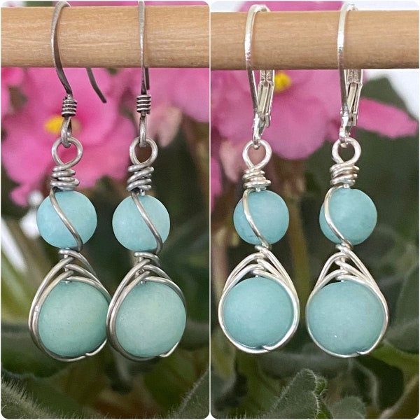 Matte Amazonite Wire Wrapped Earrings, Pale Aqua, Light Turquoise, Bright & Brushed Silver