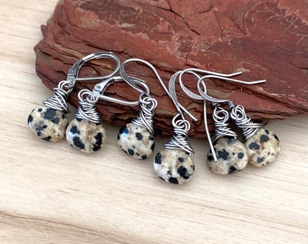 Dalmatian Jasper Petite Teardrop Earrings, Wire Wrapped, Animal Print, Black Spotted, Nickel Free, (set 3)