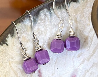 Phosphosiderite Earrings, Purple Cube Earrings, AAA Grade, Violet, NIckel Free, Petite Purple Earrings