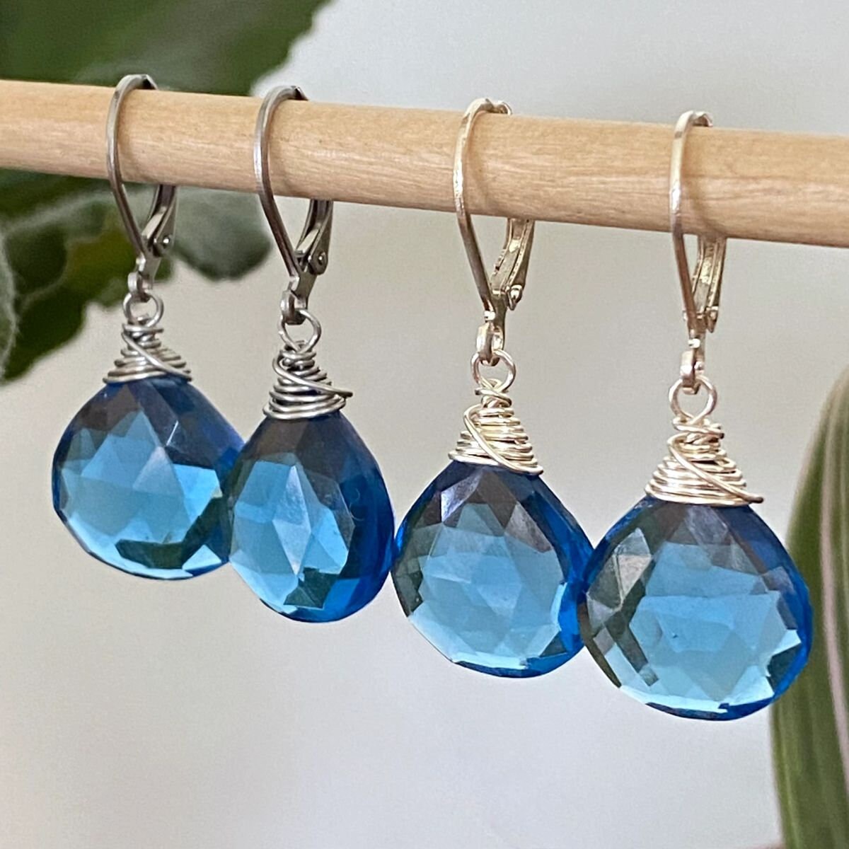 Royal Blue Hydro Quartz Earrings, Dangles, Sapphire Blue, Azure Blue, Wire Wrapped, Lever Back
