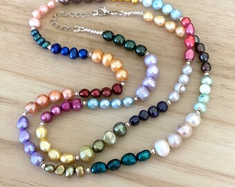 Colorful Fresh Water Pearl Necklace, Adjustable 34"-37", Can Be Doubled, Multi Color, Multi Shape, Color Block