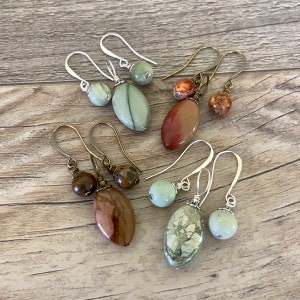 Imperial Jasper Pendant & Earring Set, Marquis Pendant, Light Green, Olive, Rust, Brown, Jewelry Gift Set, Affordable Gift