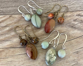 Imperial Jasper Pendant & Earring Set, Marquis Pendant, Light Green, Olive, Rust, Brown, Jewelry Gift Set, Affordable Gift