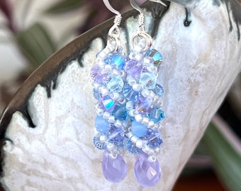 Swarovski Crystal Russian Spiral Earrings, Pastels, Blue, Lavender, Sparkly, Hand Made, 1 3/4" drop, Nickel Free Ear Wires