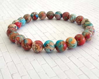 Colorful Red/Blue Multi Stretch Bracelet, 8 mm Jasper, Women's Medium, 7" Wrist, Elastic, Boho