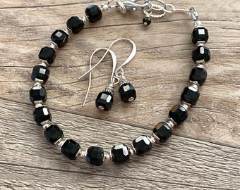 Black Tourmaline Bracelet & Earring Set, 7"-8", Petite Cubes, Adjustable, Nickel Free Ear Wires, Black, Silver