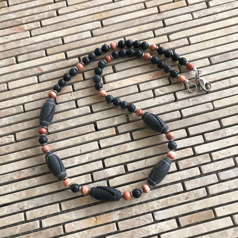 Carved Black Stone Fathers Day Mens Black /& Brick Rustic 19 Stone Necklace Masculine Red Malachite Man Necklace Guy Gift Man Gift