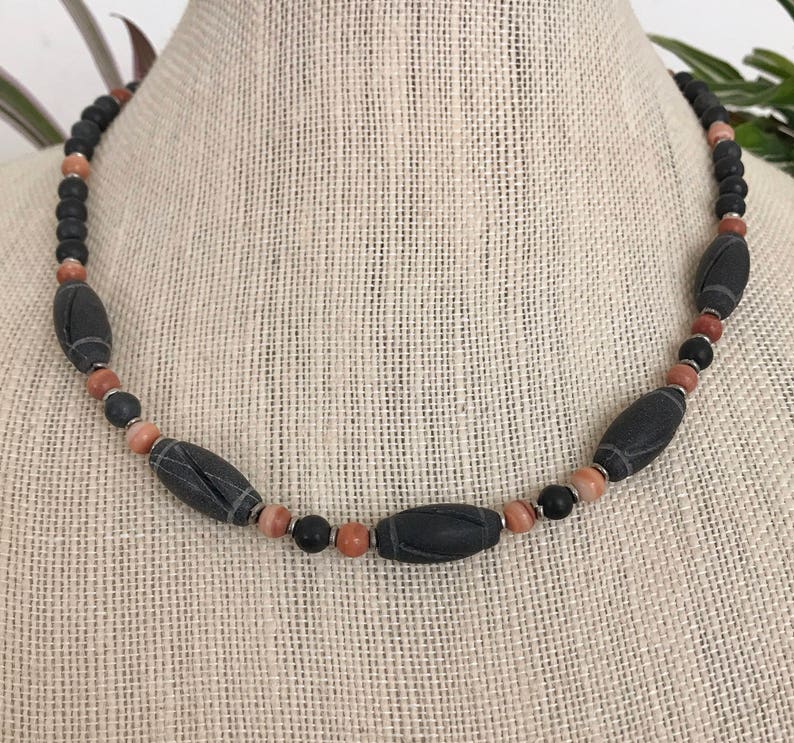 Carved Black Stone Fathers Day Mens Black /& Brick Rustic 19 Stone Necklace Masculine Red Malachite Man Necklace Guy Gift Man Gift
