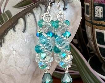 Swarovski Crystal Russian Spiral Earrings, Sparkly, Teal, Blue, Aqua, Hand Made, Nickel Free, 2" Drop