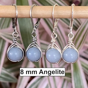 Angelite Herringbone Wire Wrapped Earrings: 8 mm, Dusty Blue