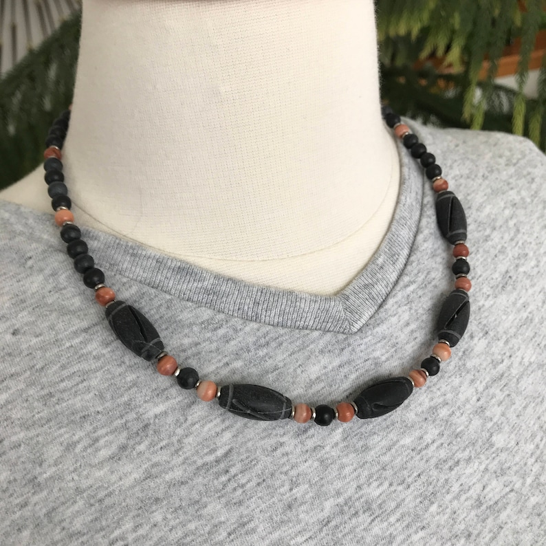 Carved Black Stone Fathers Day Mens Black /& Brick Rustic 19 Stone Necklace Masculine Red Malachite Man Necklace Guy Gift Man Gift