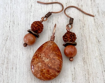 Red Fossil Coral Pendant & Earrings Set, Fire Blossom Earrings, Natural Fossil Gemstone, Rust Brown, Rudrakasha Seed, Jasper