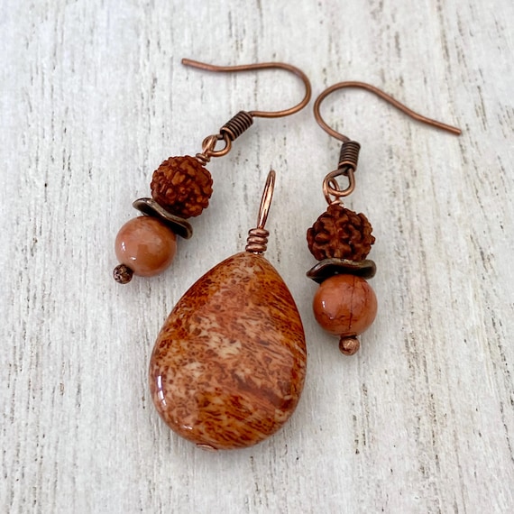 Fossil Coral Pendant Earrings Set: Jasper & Rudraksha Seed Jewelry