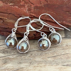 Griege AB Earrings, 8 mm, Agate, Wire Wrapped, Gray Brown, Colorado Topaz, Champagne Gold, Bright Silver, Nickel Free