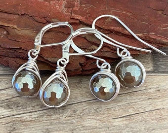 Griege AB Earrings, 8 mm, Agate, Wire Wrapped, Gray Brown, Colorado Topaz, Champagne Gold, Bright Silver, Nickel Free