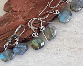 Mystic Labradorite Earrings: Cushion Cut, Facets, Nickel Free, Hand Cut
