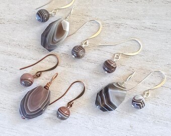 Botswana Agate Pendant & Earring Set, Brown, Gray, Striped, Nugget, Matching Earrings, Nickel Free, Gift Set