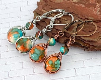 Turquoise & Orange Stone Wire Wrapped Earrings, Dyed Jade, Antique Copper, Brushed Silver, Boho, Lever Back (Set 8)