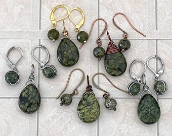 Dark Green Pendant & Earring Set, Russian Serpentine, Moss, Hunter, Forest, Jasper, Pyrite