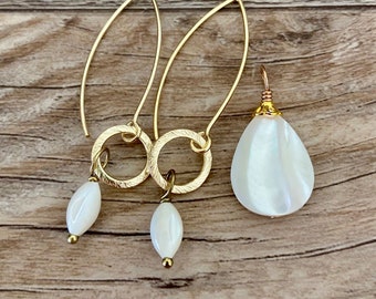 Mother of Pearl Jewelry Set: Teardrop Pendant & Long Drop Earrings