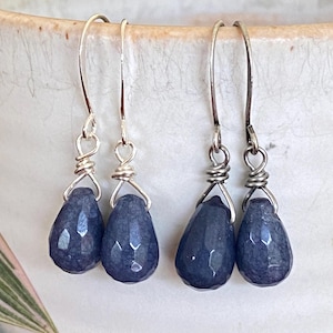 Sapphire Blue Jade Teardrop Earrings, Denim Blue, Round Teardrop, Nickel Free, 12 x 8 mm