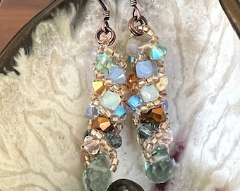 Swarovski Crystal Russian Spiral Earrings, Pastel Earth Tones, Sparkly, Hand Made, 1 3/4" drop, Nickel Free Ear Wires