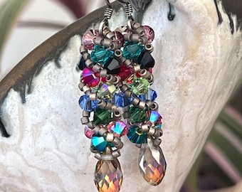 Swarovski Crystal Russian Spiral Earrings, Jewel Tones, Hand Made, Nickel Free, 2" Drop