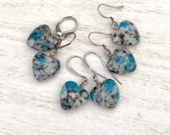 K2 Heart Earrings, Blue, Gray, Dangle, K2 Granite Jasper, Stone Heart Earrings, Nickel Free