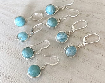 Larimar Earrings, Dominican, Natural, Dangle, Wire Wrapped, 10 mm, Bright Silver, Nickel Free