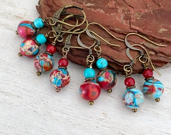 Red & Blue Earrings, Galaxy Sea Sediment Jasper, 8 mm, Boho, Casual, Petite, Red, Turquoise, Tan, Nickel Free