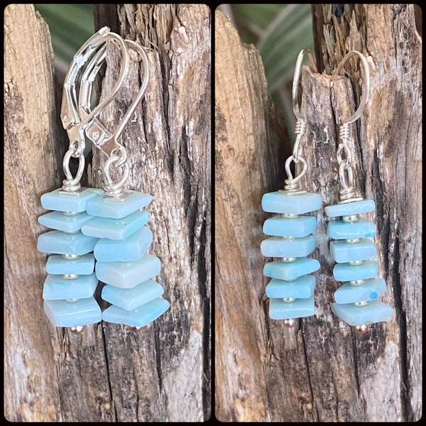 Blue Opal Earrings, Stacked Square Chips, Pale Blue, Baby Blue, Bright Silver, Column Earrings, Lever Back or Fish Hook, Nickel Free