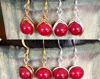 Red Jade Earrings, 8 mm, Ruby Red, Cherry, Cranberry, Dark Red, Gold or Silver, Wire Wrapped, Nickel Free Ear Wires (set 2)