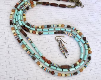 Southwest Colors 3-Strand Necklace & Earrings, 24-26" Light Turquoise, Brick Red, Yellow, Orange, Trade Vinyl, Jasper, Howlite, Amazonite