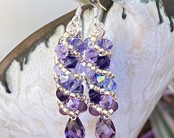 Swarovski Crystal Russian Spiral Earrings, Zircon, Purple, Lavender, Violet, Sparkly, Hand Made, 1 3/4" drop, Nickel Free Ear Wires