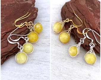 Bright Yellow Agate Earrings, 8 mm, Lemon Yellow, Wire Wrapped, Silver or Gold, Spring Summer