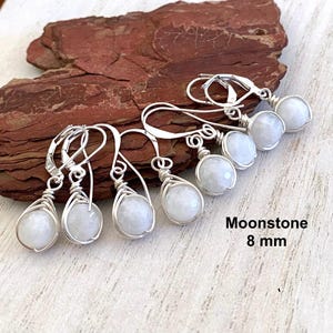 White Moonstone Earrings, AAA, 8 mm, Petite Earrings,Wire Wrapped, Bright Silver, Rainbow Moonstone, Faceted, Wedding, June Birthstone