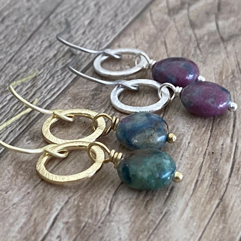 Ruby Apatite Circle Drop Earrings, Teal, Green, Purple, Brushed Silver, Brushed Gold, Boho, Dangle image 6