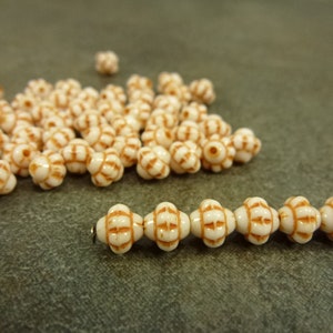 White with Orange Wash/Etch, Czech Glass Turbine Beads, 6mm, 50pc, Pressed Glass Mulberry Saucer Rondelle