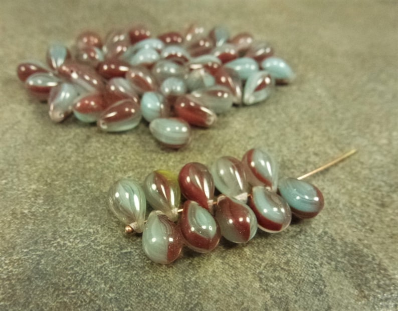 Dark RedMint Aqua Stripe Czech Glass Teardrop Beads 9x6mm 25pc