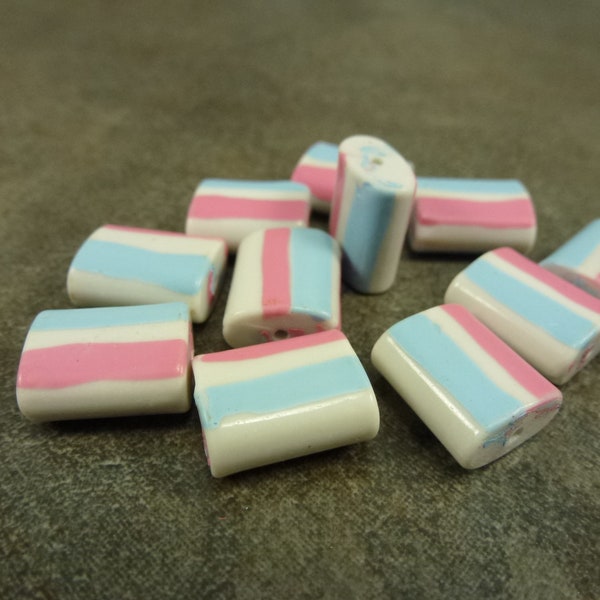 6pc White with Pink and Blue Stripes, Vintage Japanese Glass Pillow Beads, 14x11mm 1960's Puffed Rectangle