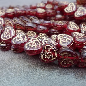 25pc Ruby/Gold Heart Bead, 8mm Vintage Czech Glass