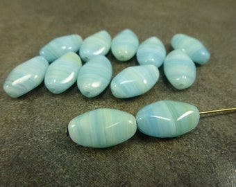 10pc Aqua Stripe Blend Czech Glass Diamond Oval Beads, 15x9mm Pressed Glass