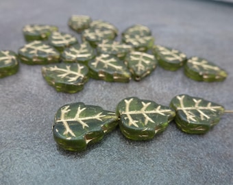 25pc Olivine/Gold Birch Leaf Beads, 15x12mm, Pressed Czech Glass