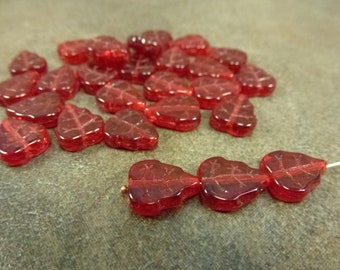 Siam Red Birch Leaf Beads, Czech Pressed Glass, 12x10mm, 25pc, Leaves