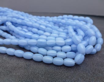 50pc Sky Blue Satin Vintage Glass Oval Barrel Beads, 7x5mm, Czech Glass
