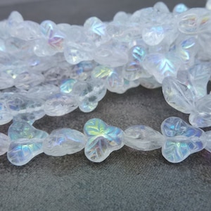 25pc Crystal AB Berry Leaves Bead, 9mm Czech Pressed Glass