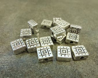 Patterned Square Spacer Bead 20pc. Antiqued Silver Tone Heavy 6mm Metal Alloy