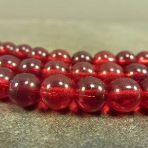 Siam Ruby Vintage Glass Beads - 7mm Round 1960&#39;s Czech Smooth Pressed Druk Red 8&quot; Strand with 27 beads